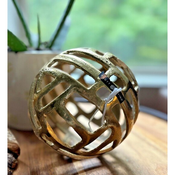 Scott Living Metal Decorative Globe Orb Gold Finish 6"Round Geo Cutouts Textured - Picture 11 of 11